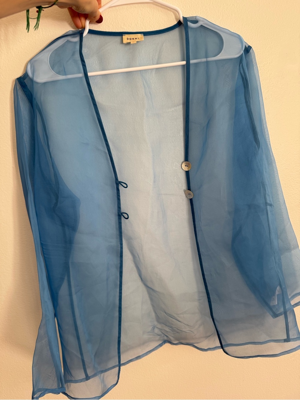 DONNI. Sheer Light Blue Mesh Button-Front Robe